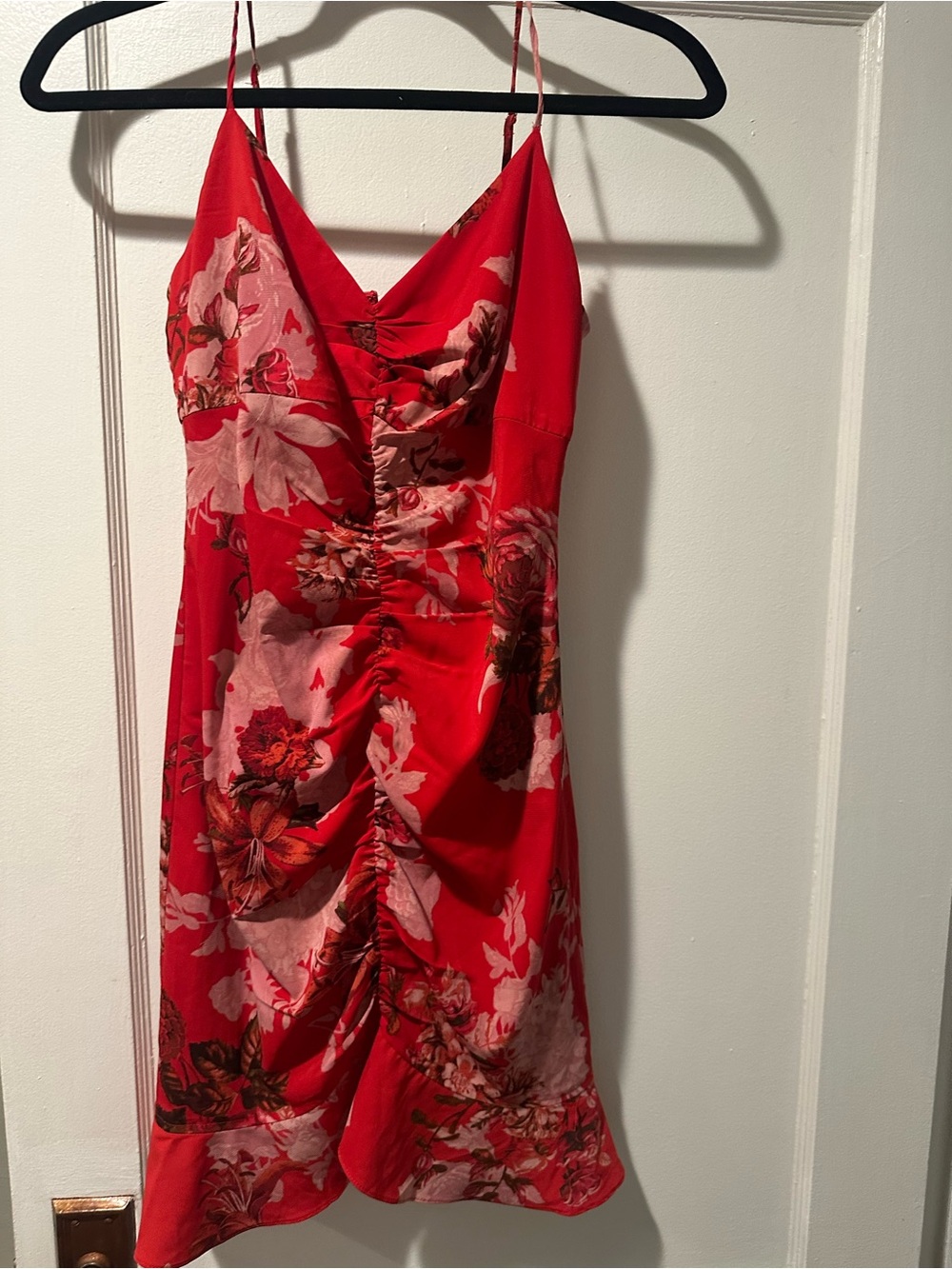 Guess Red Floral Ruched Slip Mini Dress